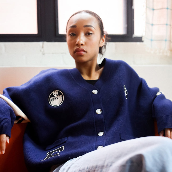 Edmonton Oilers Unisex Peace Collective Navy Collegiate Knit Cardigan Sweater