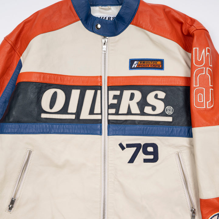 Edmonton Oilers Unisex Sports Club Atelier by Lauren McDavid Cream Leather Racer Jacket