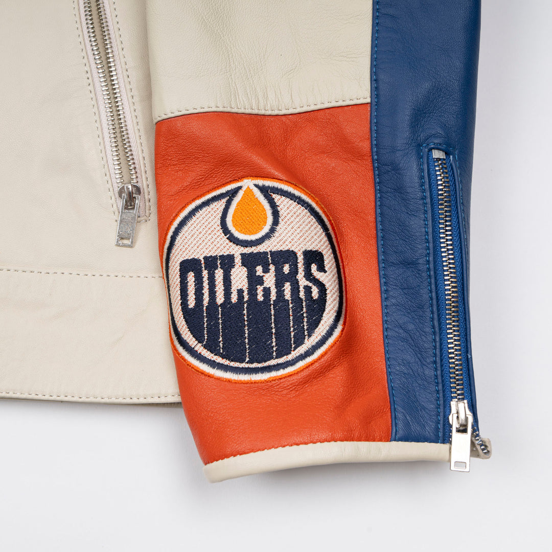Edmonton Oilers Unisex Sports Club Atelier by Lauren McDavid Cream Leather Racer Jacket