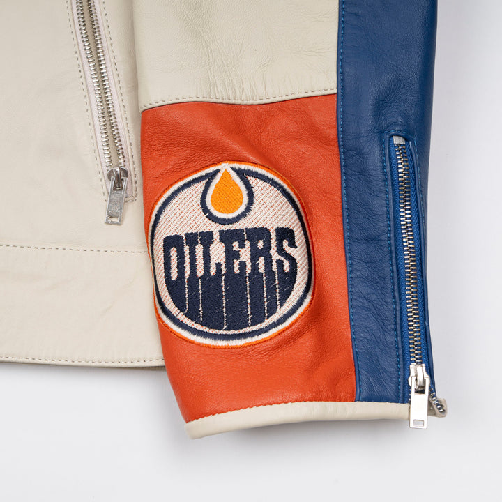 Edmonton Oilers Unisex Sports Club Atelier by Lauren McDavid Cream Leather Racer Jacket