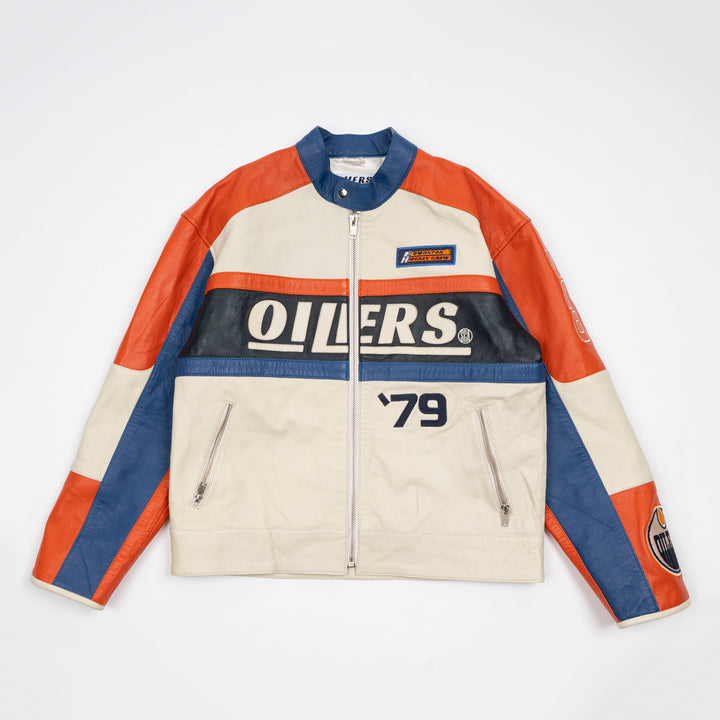 Edmonton Oilers Unisex Sports Club Atelier by Lauren McDavid Cream Leather Racer Jacket