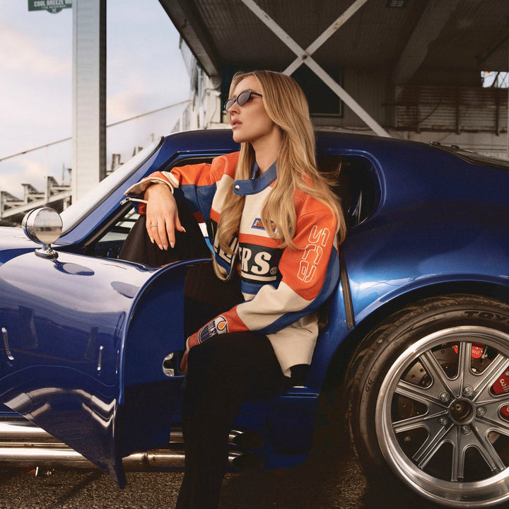 Edmonton Oilers Unisex Sports Club Atelier by Lauren McDavid Cream Leather Racer Jacket