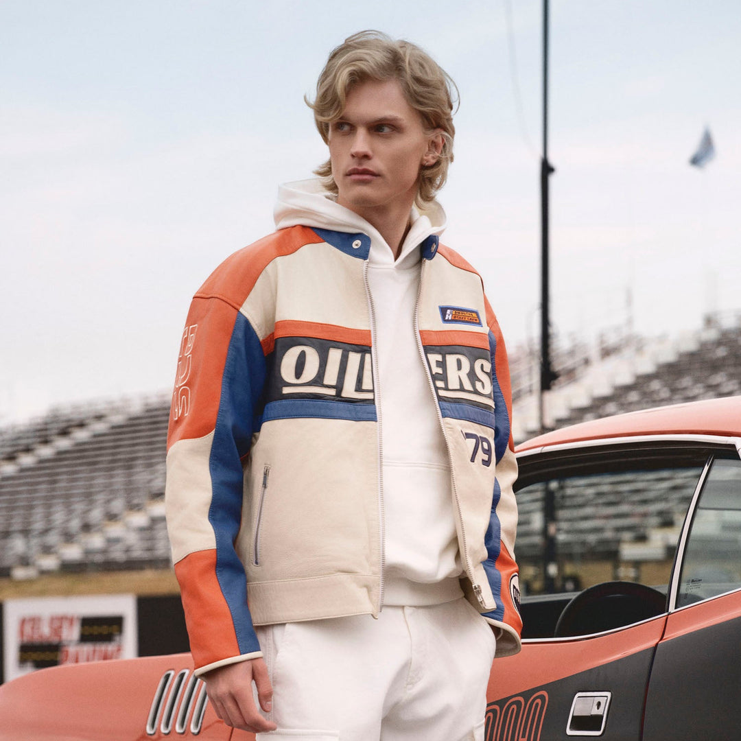 Edmonton Oilers Unisex Sports Club Atelier by Lauren McDavid Cream Leather Racer Jacket