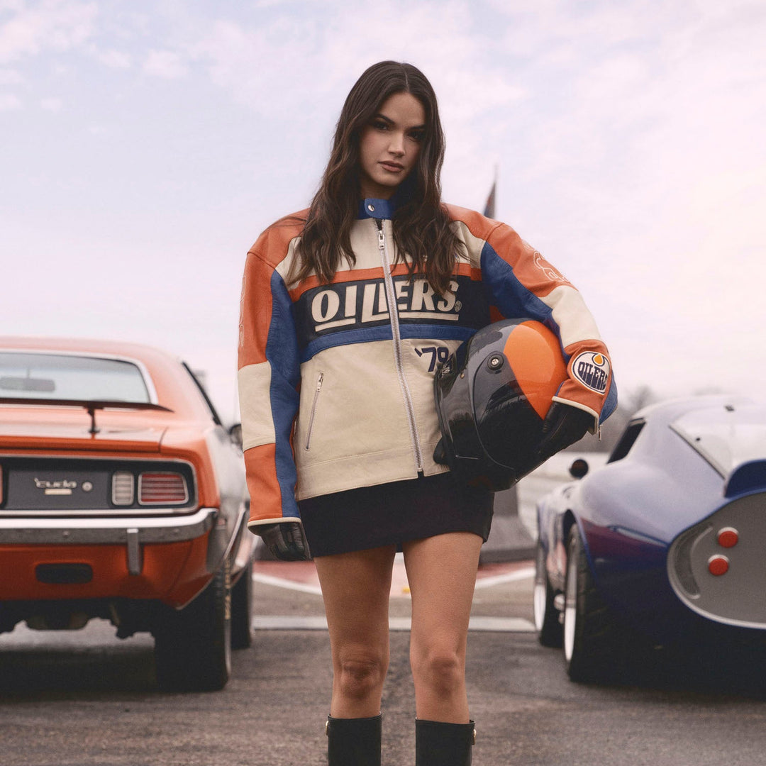 Edmonton Oilers Unisex Sports Club Atelier by Lauren McDavid Cream Leather Racer Jacket