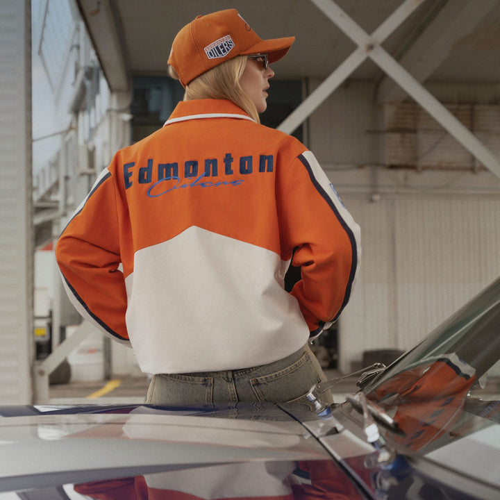 Edmonton Oilers Unisex Sports Club Atelier by Lauren McDavid Cream & Orange Oil Crew Canvas Jacket
