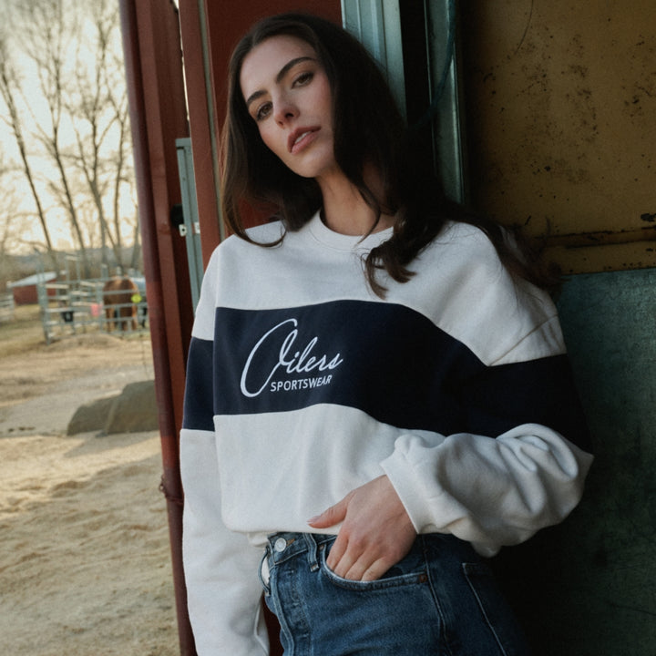 Edmonton Oilers Unisex Sports Club Atelier by Lauren McDavid White & Navy "Oilers Sportswear" Crewneck Sweatshirt