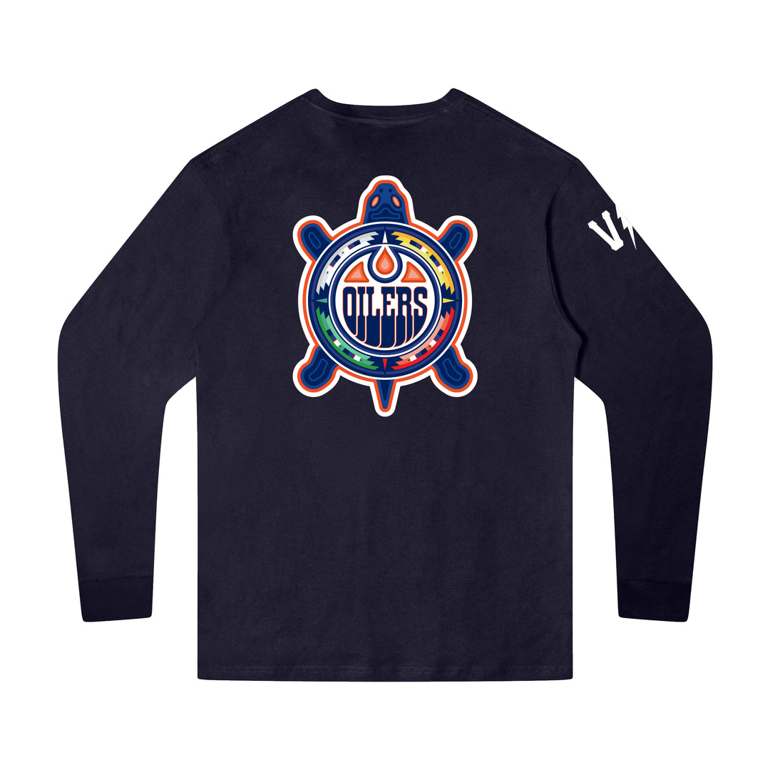 Edmonton Oilers Violent Gentlemen 2026 Turtle Island Logo Navy Long Sleeve Shirt