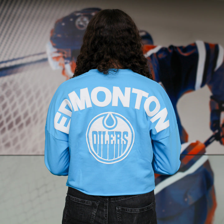 Edmonton Oilers Women's Authentics Blue Text Puff Print Boxy Cropped Crewneck Sweatshirt