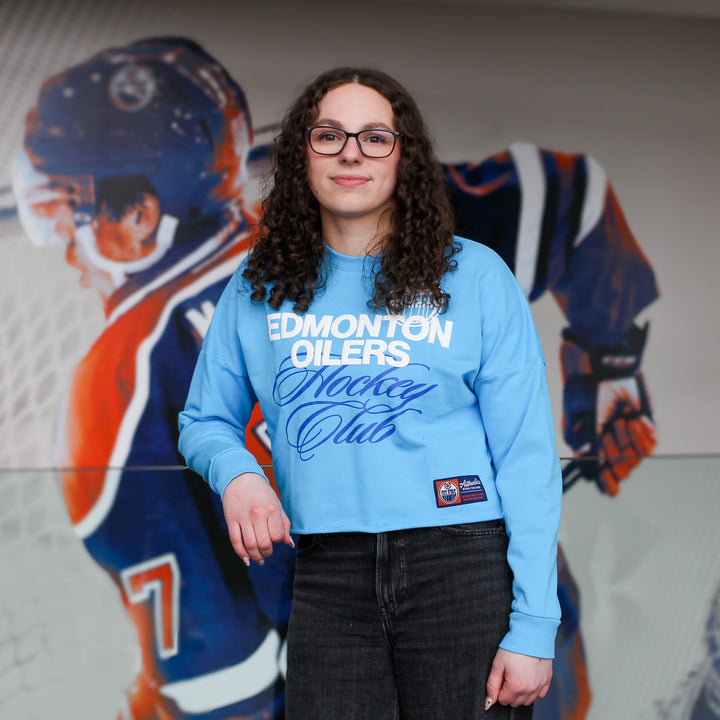 Edmonton Oilers Women's Authentics Blue Text Puff Print Boxy Cropped Crewneck Sweatshirt