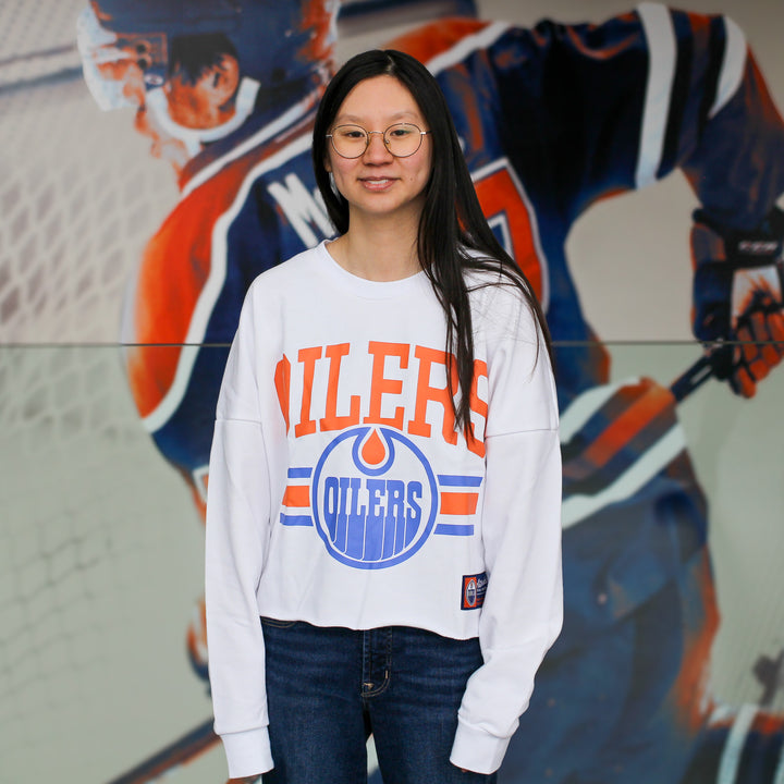 Edmonton Oilers Women's Authentics White Home Logo Puff Print Boxy Cropped Crewneck Sweatshirt