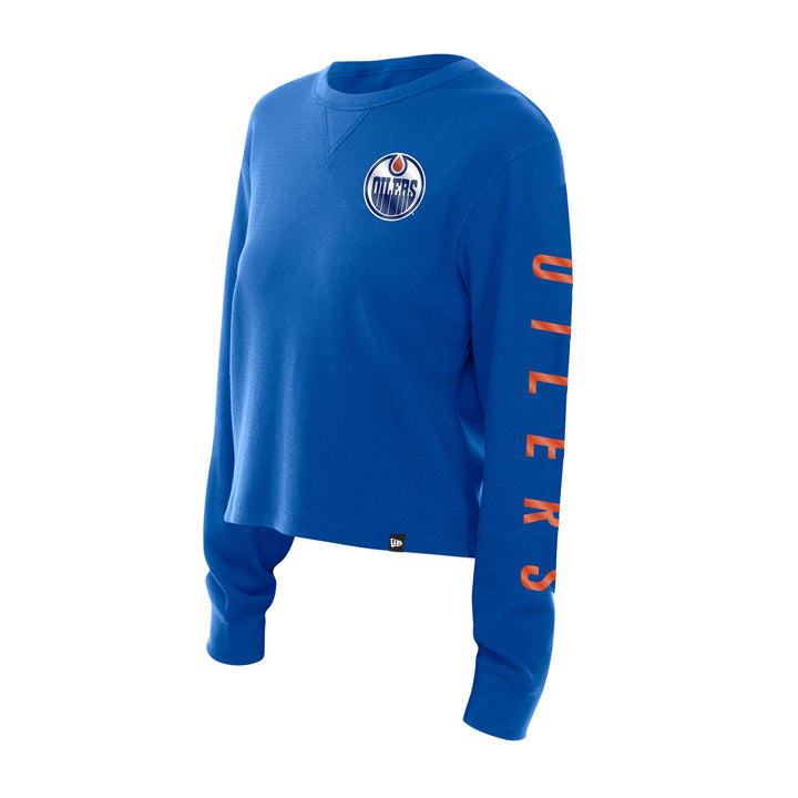 Edmonton Oilers Women's New Era Home Logo Cropped Blue Long Sleeve Shirt