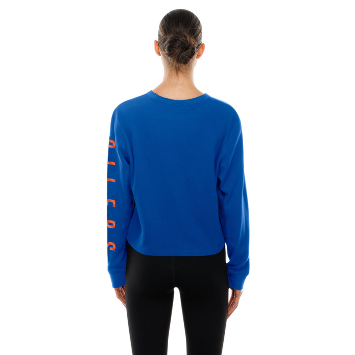 Edmonton Oilers Women's New Era Home Logo Cropped Blue Long Sleeve Shirt
