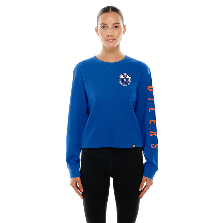 Edmonton Oilers Women's New Era Home Logo Cropped Blue Long Sleeve Shirt