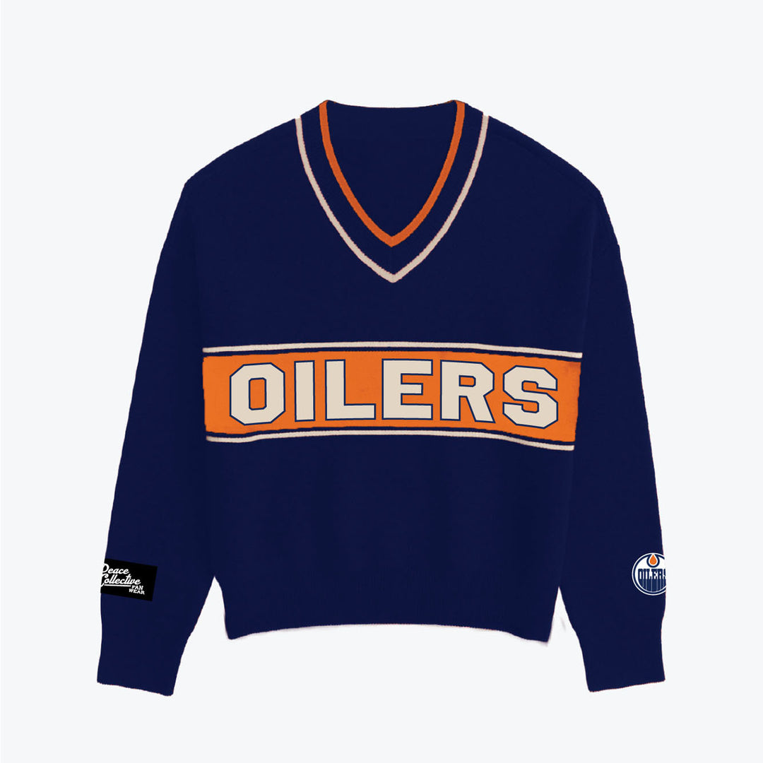 Edmonton Oilers Women's Peace Collective Navy V-Neck Knit Sweater