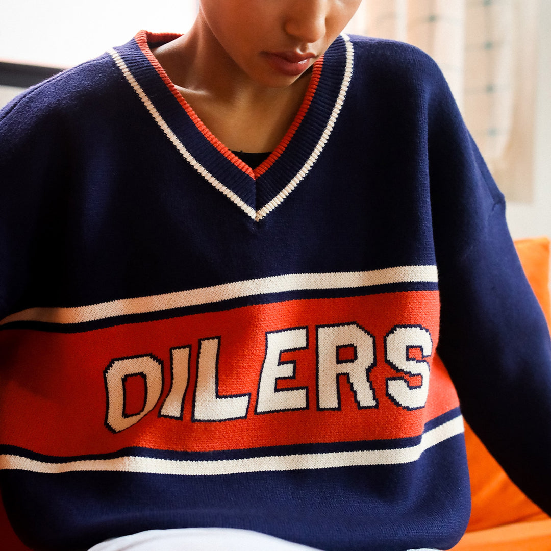 Edmonton Oilers Women's Peace Collective Navy V-Neck Knit Sweater