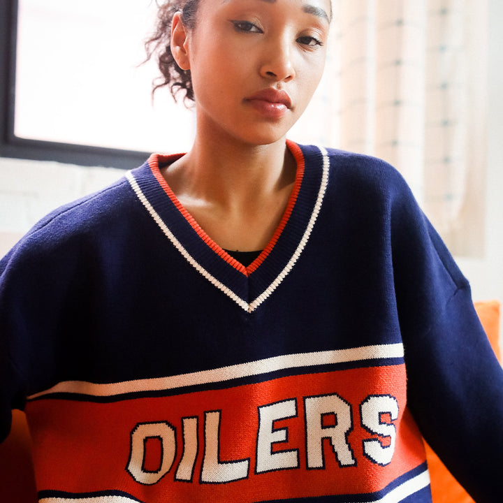 Edmonton Oilers Women's Peace Collective Navy V-Neck Knit Sweater