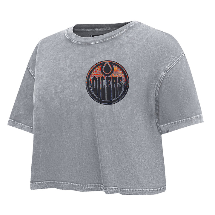Edmonton Oilers Women's Pro Standard Jewels Enzyme Wash Grey Boxy Cropped T-Shirt