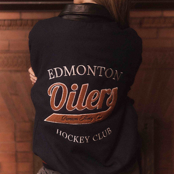 Edmonton Oilers Unisex Sports Club Atelier by Lauren McDavid Navy Varsity Jacket