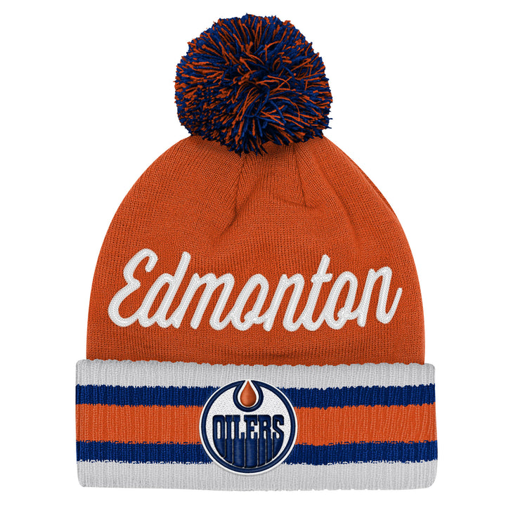 Edmonton Oilers Youth Fanatics Orange Authentic Pro Script Cuffed Toque w/Pom