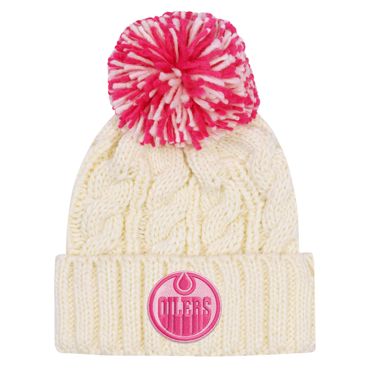 Edmonton Oilers Youth Girls Outerstuff Cream & Pink Cable Knit Toque w/Pom