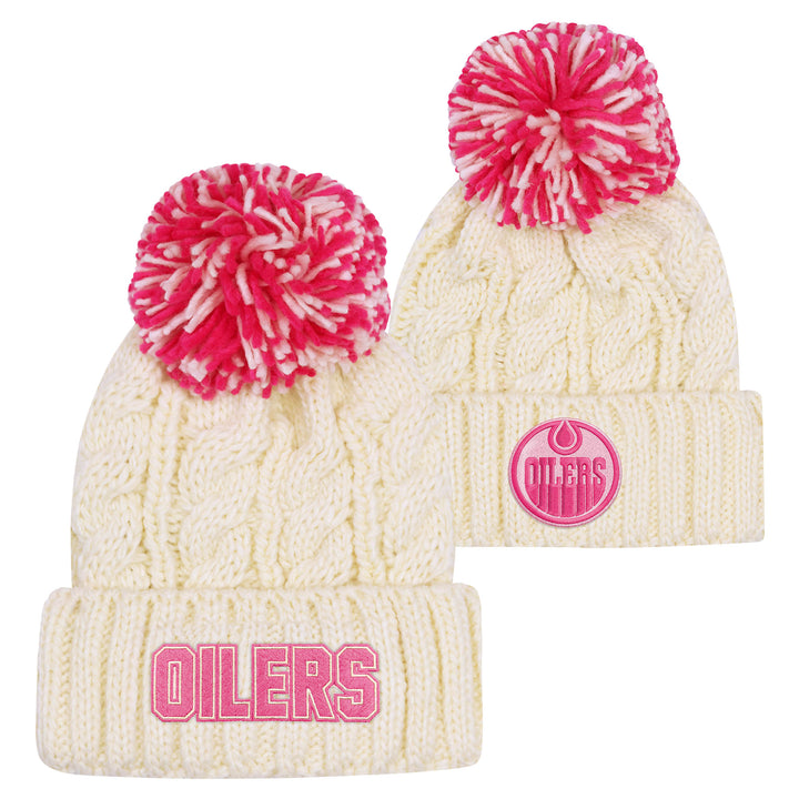 Edmonton Oilers Youth Girls Outerstuff Cream & Pink Cable Knit Toque w/Pom