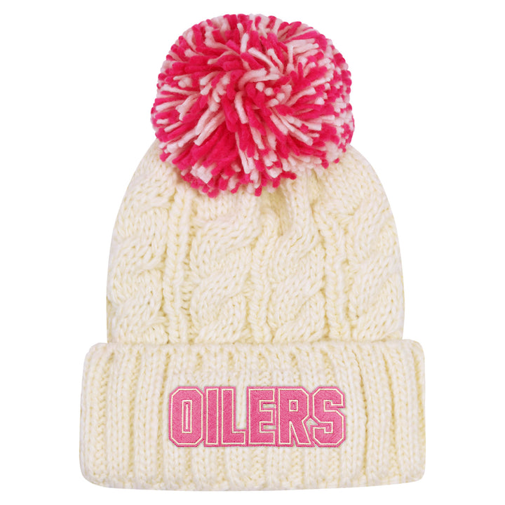 Edmonton Oilers Youth Girls Outerstuff Cream & Pink Cable Knit Toque w/Pom