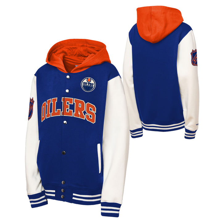 Edmonton Oilers Youth Mitchell & Ness Blue Court Side Fleece Hooded Jacket