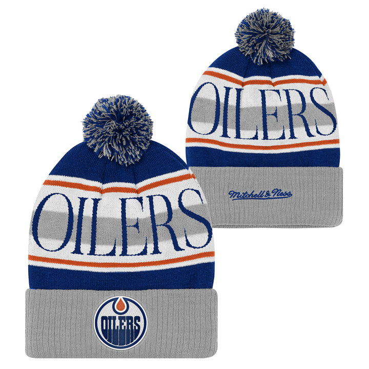 Edmonton Oilers Youth Mitchell & Ness Blue & Grey Classic Knit Toque w/ Pom