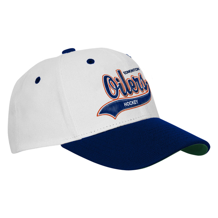 Edmonton Oilers Youth Mitchell & Ness Precurved White & Blue Tail Sweep Snapback Hat