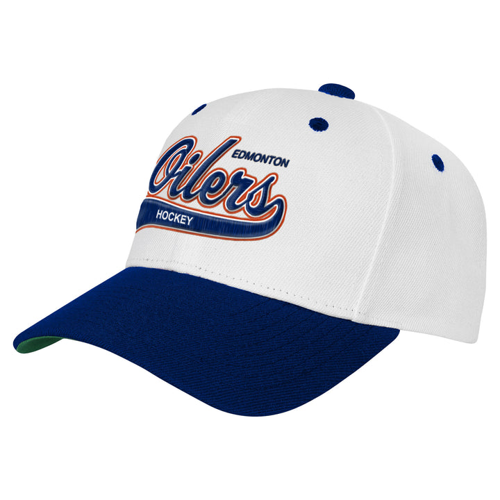 Edmonton Oilers Youth Mitchell & Ness Precurved White & Blue Tail Sweep Snapback Hat