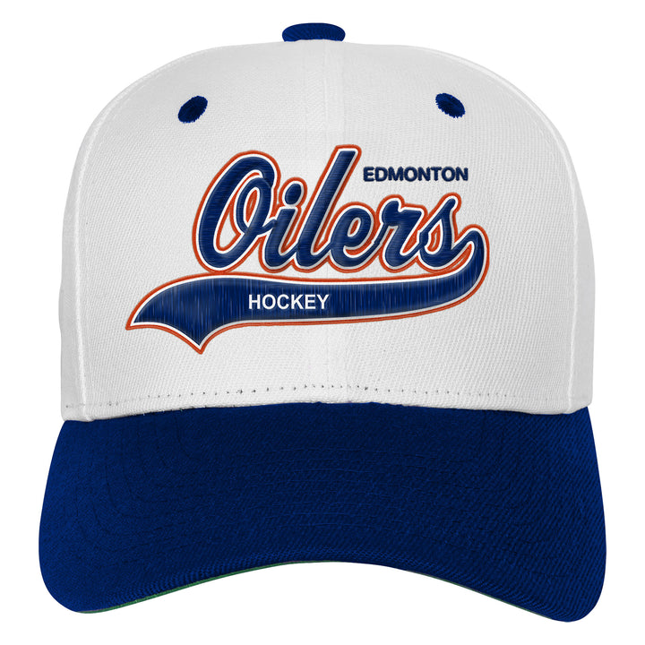 Edmonton Oilers Youth Mitchell & Ness Precurved White & Blue Tail Sweep Snapback Hat