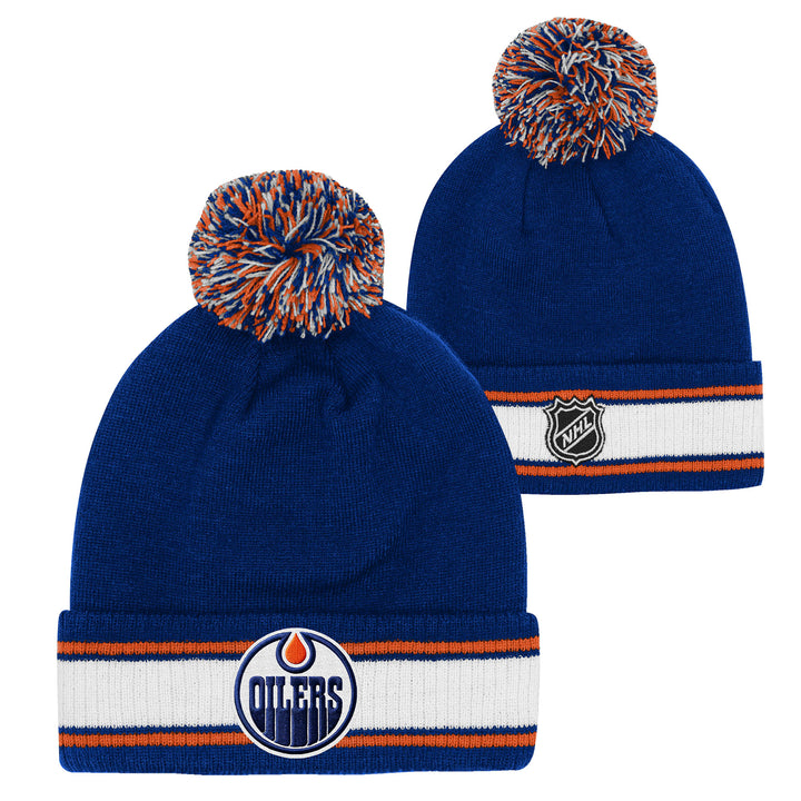 Edmonton Oilers Youth Outerstuff Blue Striped Cuff Toque w/Pom