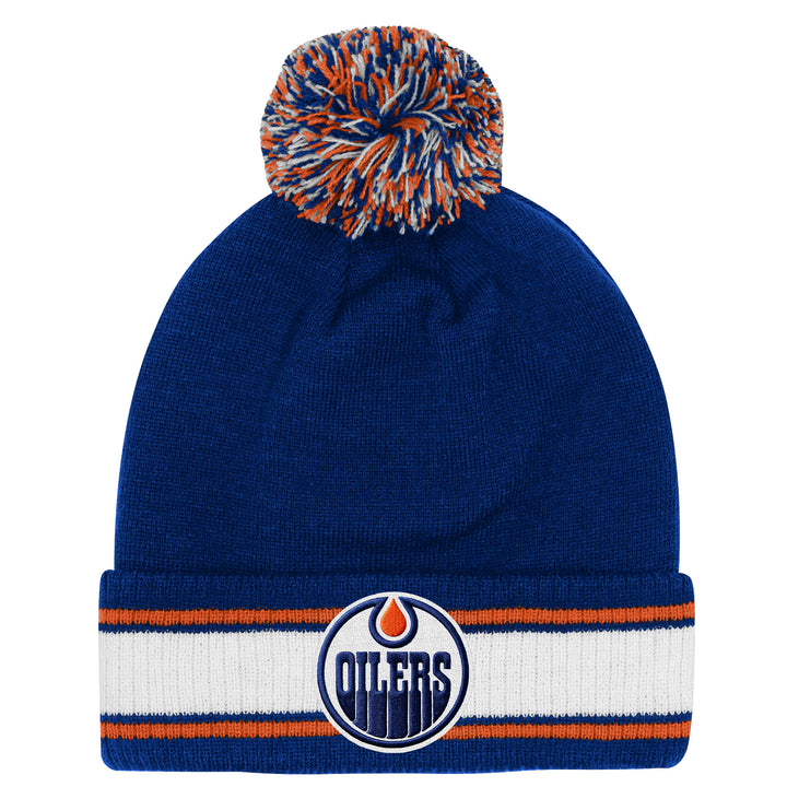 Edmonton Oilers Youth Outerstuff Blue Striped Cuff Toque w/Pom