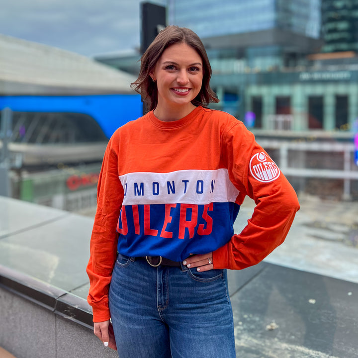 Edmonton Oilers Unisex Authentics Royal & Orange Color Blocked Long Sleeve T-Shirt