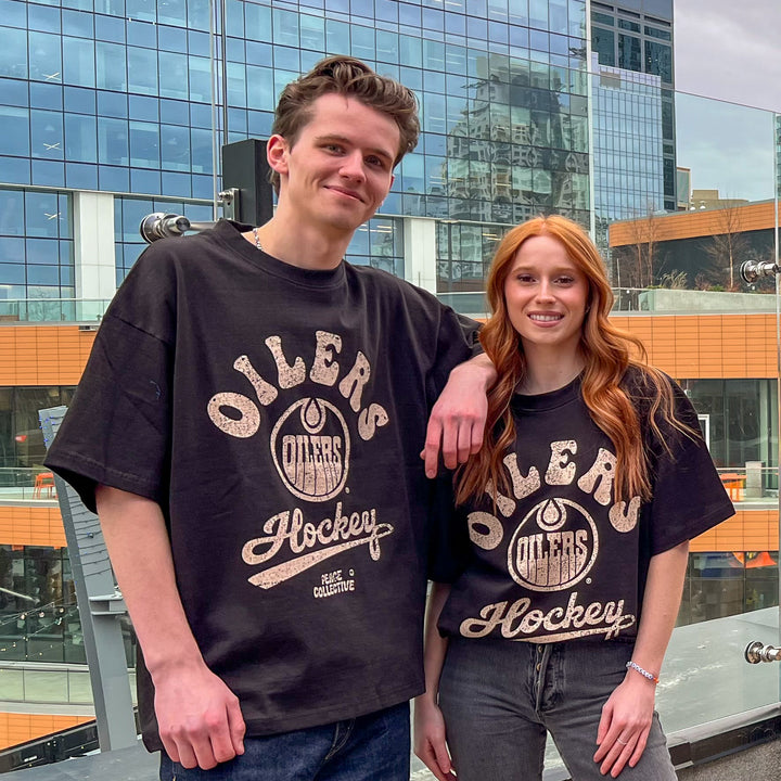 Edmonton Oilers Unisex Peace Collective Essentials Black Oversized "Hockey" Graphic T-Shirt