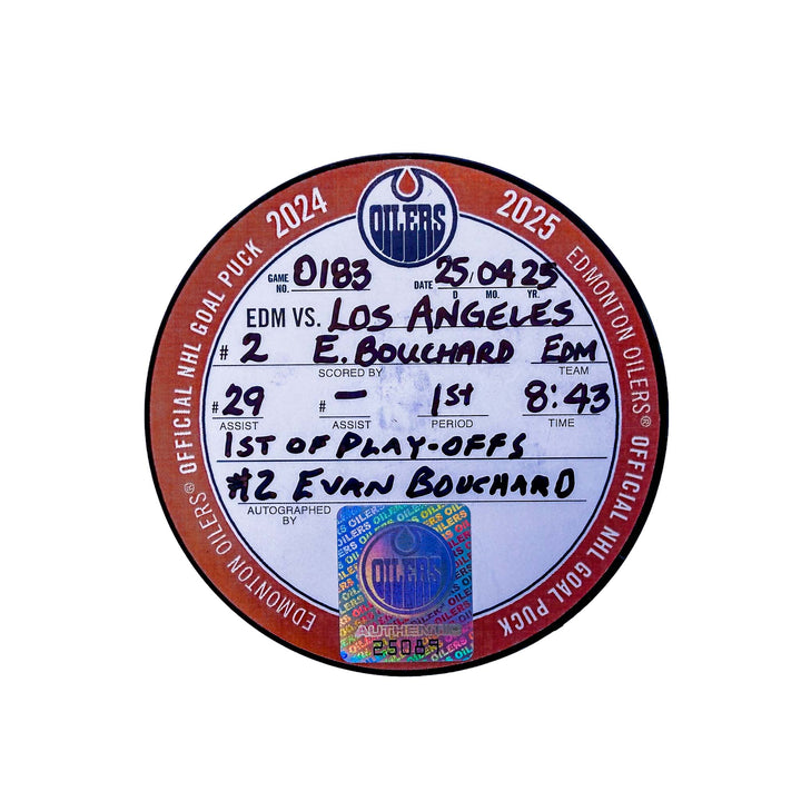 Evan Bouchard Edmonton Oilers Autographed Playoff Goal Puck - Apr. 25/2025 vs Los Angeles Kings #25089