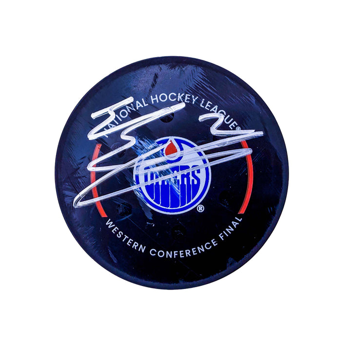 Evan Bouchard Edmonton Oilers Autographed Playoff Goal Puck - May. 25/2025 vs Dallas Stars #25123