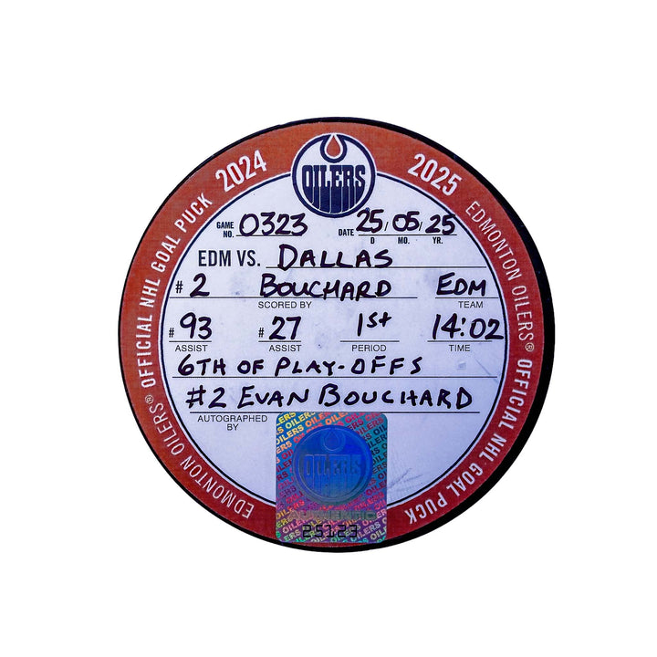 Evan Bouchard Edmonton Oilers Autographed Playoff Goal Puck - May. 25/2025 vs Dallas Stars #25123