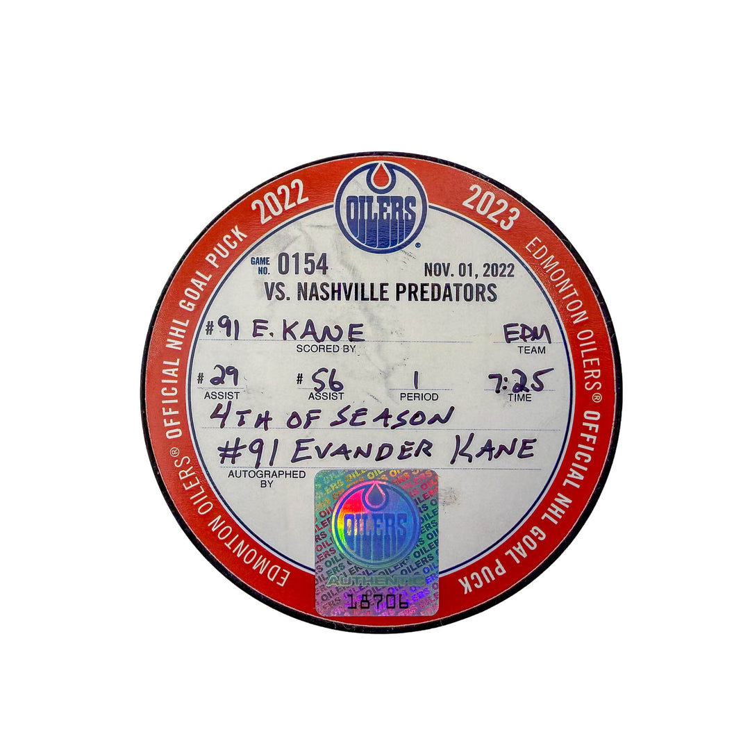 Evander Kane Edmonton Oilers Autographed Goal Puck - Nov. 1/2022 vs Nashville Predators #18706