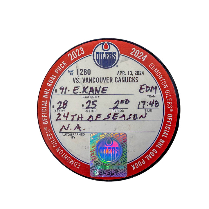 Evander Kane Edmonton Oilers Goal Puck - Apr. 13/2024 vs Vancouver Canucks #24567