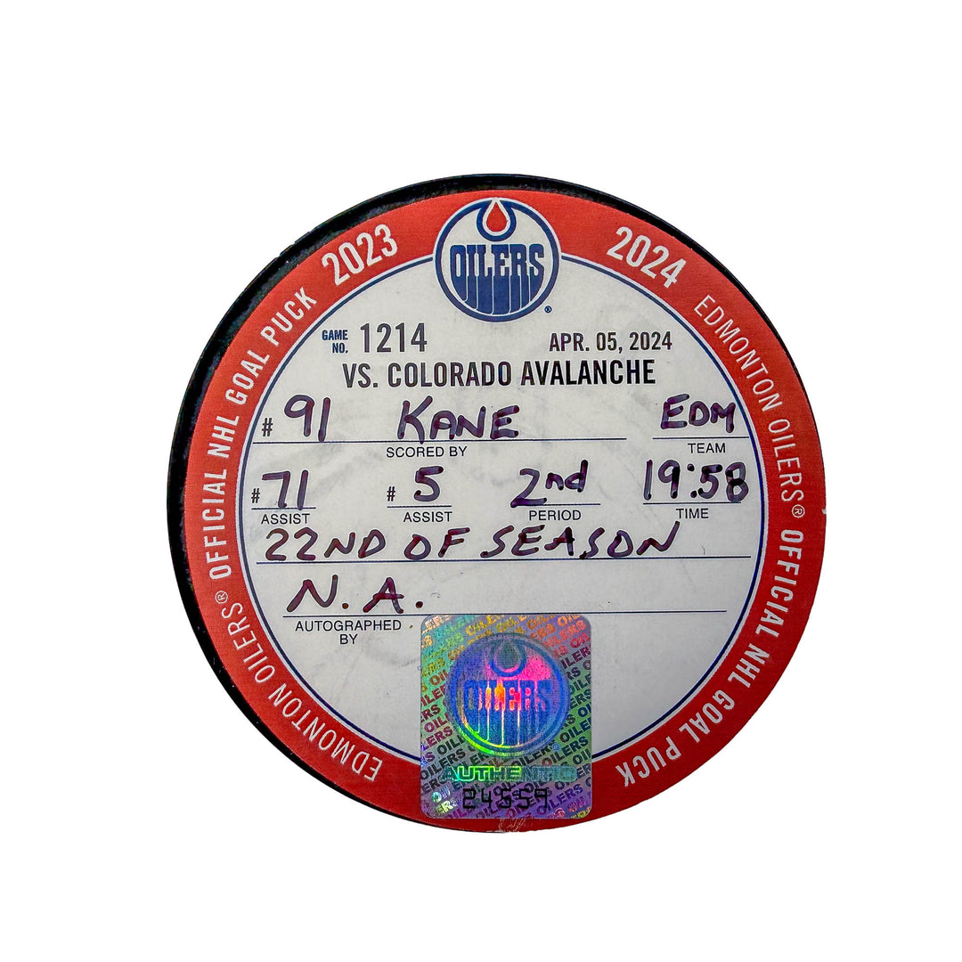 Evander Kane Edmonton Oilers Goal Puck - Apr. 5/2024 vs Colorado Avalanche #24559