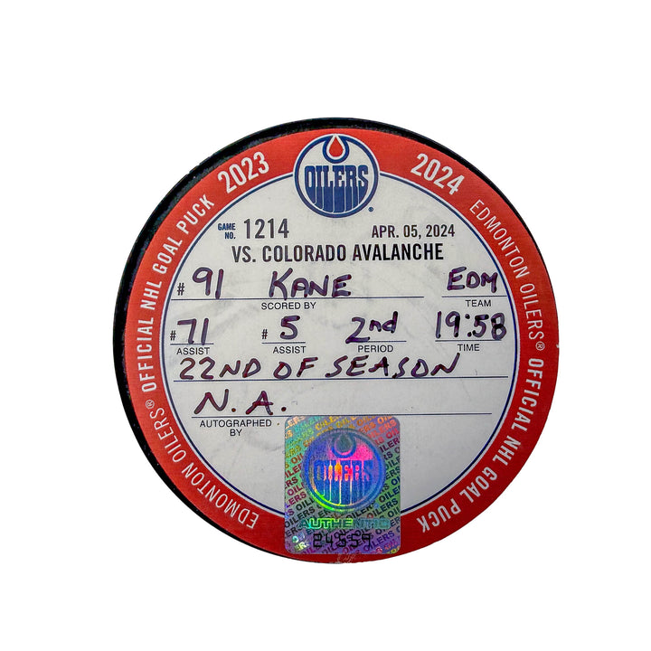 Evander Kane Edmonton Oilers Goal Puck - Apr. 5/2024 vs Colorado Avalanche #24559