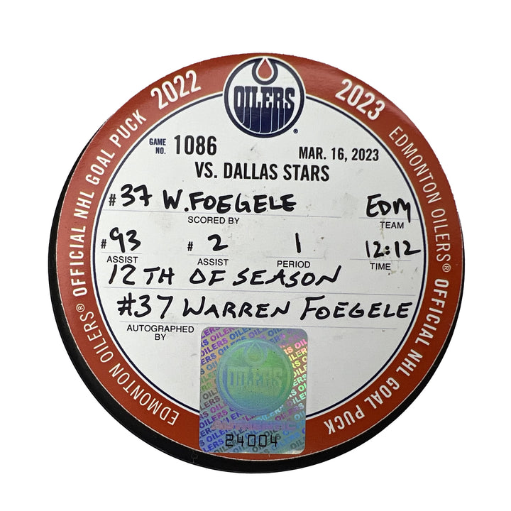 Warren Foegele Edmonton Oilers Autographed Goal Puck - Mar. 16/2023 vs Dallas Stars #24004