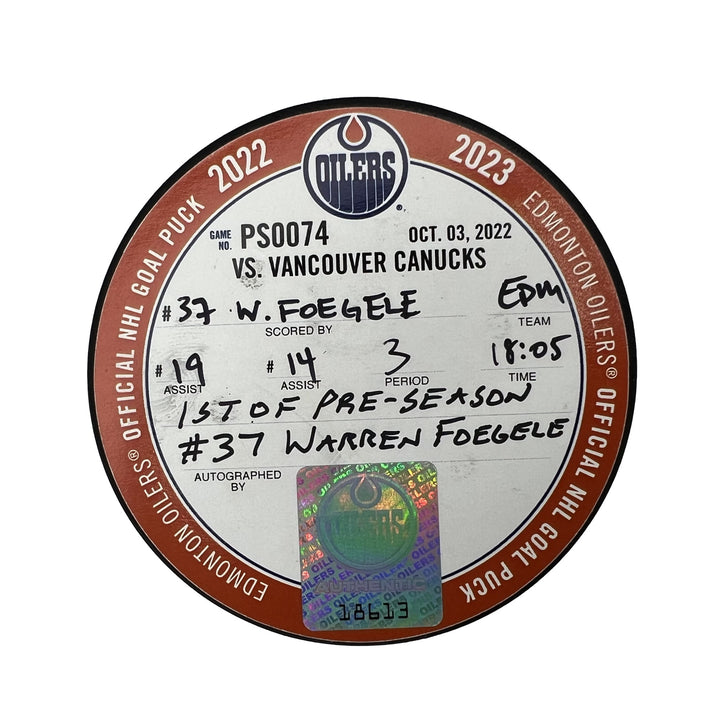 Warren Foegele Edmonton Oilers Autographed Preseason Goal Puck - Oct. 3/2022 vs Vancouver Canucks #18613