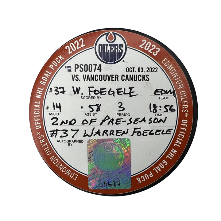 Warren Foegele Edmonton Oilers Autographed Preseason Goal Puck - Oct. 3/2022 vs Vancouver Canucks #18614