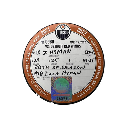 Zach Hyman Edmonton Oilers Autographed Goal Puck - Mar. 15/2022 vs Detroit Red Wings #18375
