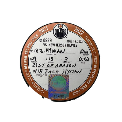 Zach Hyman Edmonton Oilers Autographed Goal Puck - Mar. 19/2022 vs New Jersey Devils #18400
