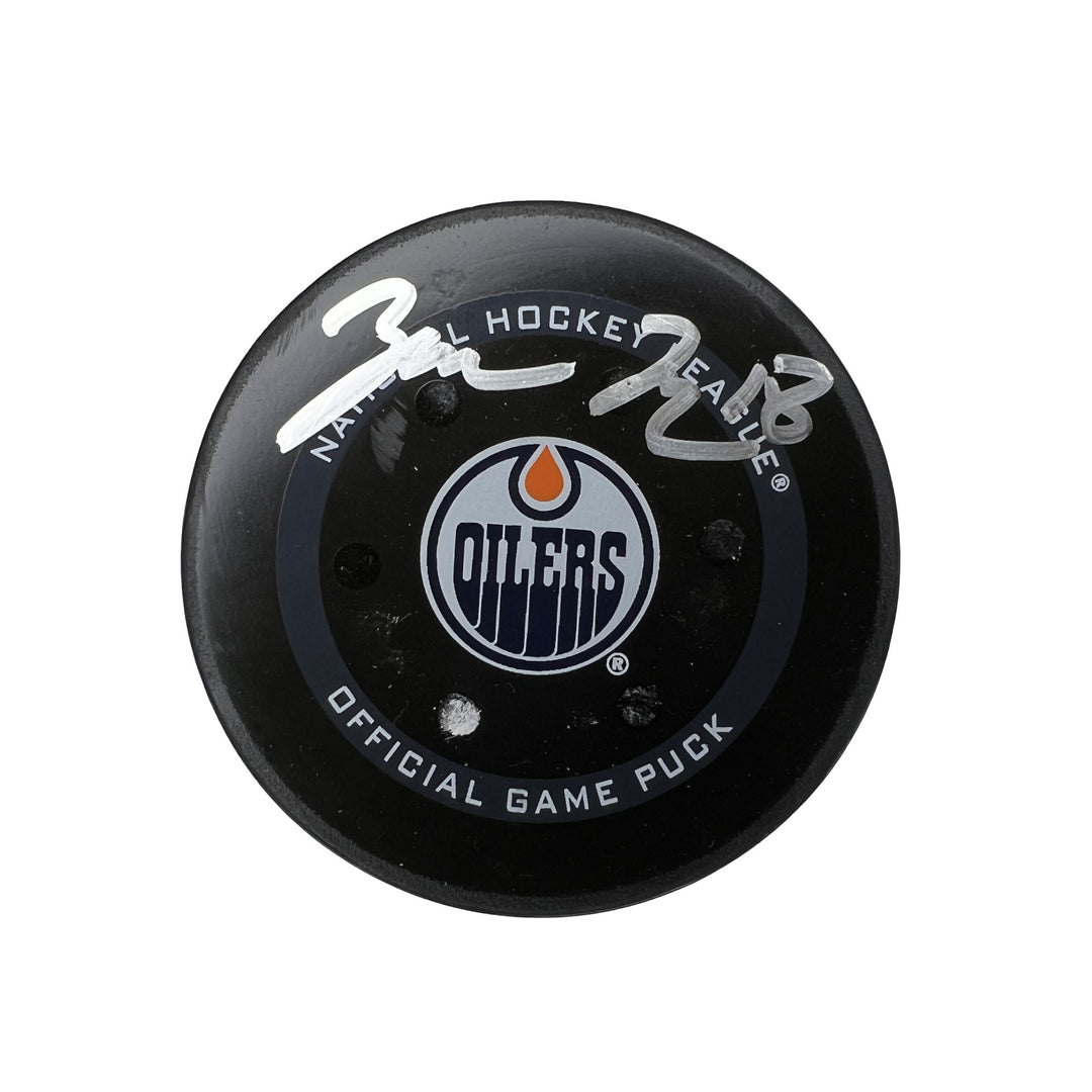 Zach Hyman Edmonton Oilers Autographed Goal Puck - Apr. 1/2022 vs St. Louis Blues #18439