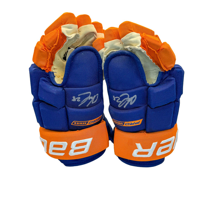 Jack Roslovic Edmonton Oilers Signed Game Worn 2025-26 Bauer Royal Hockey Gloves #26545