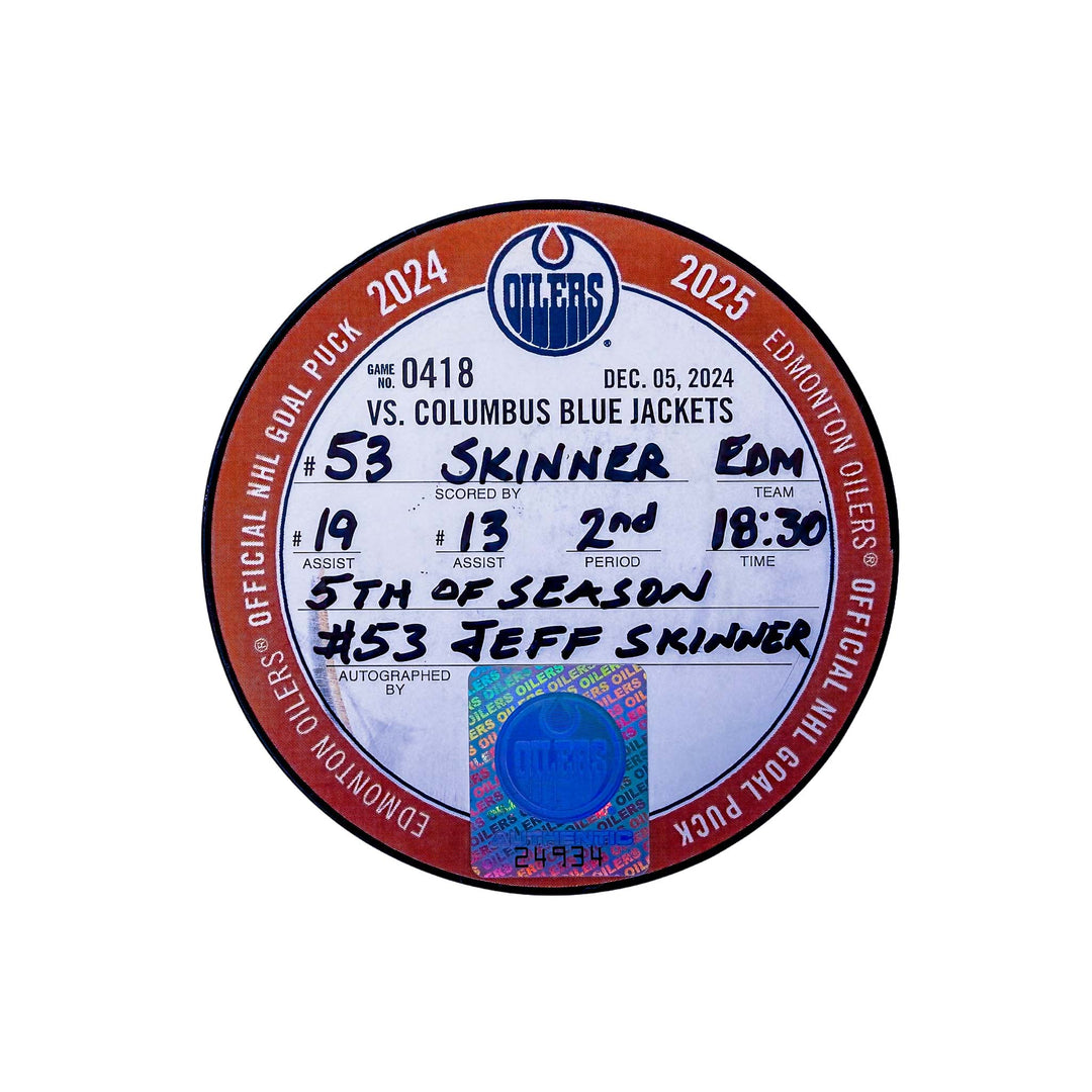 Jeff Skinner Edmonton Oilers Autographed Goal Puck - Dec. 5/2024 vs Columbus Blue Jackets #24934